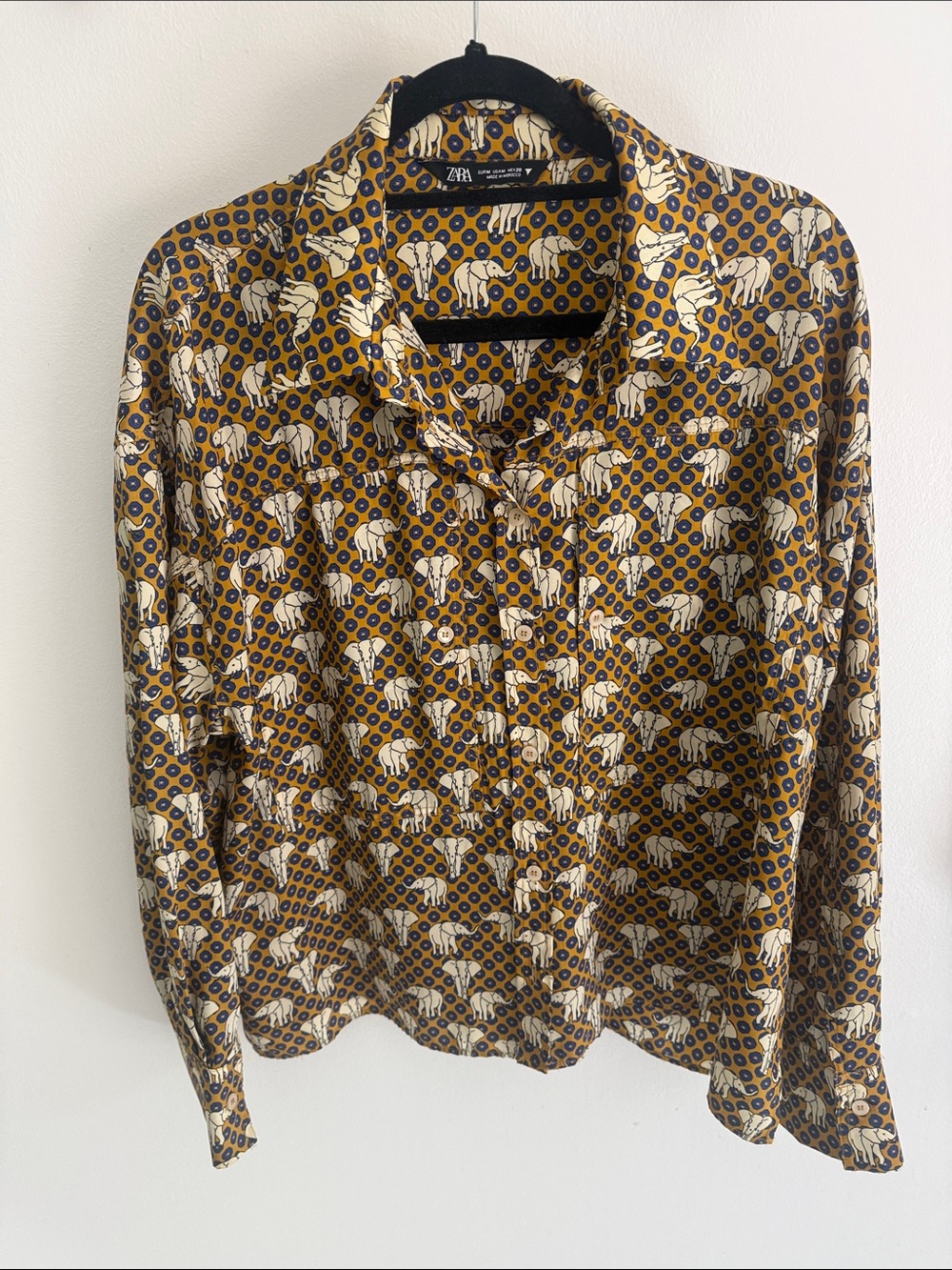 Zara Men’s Mustard Yellow Elephant Print Button-Down Shirt